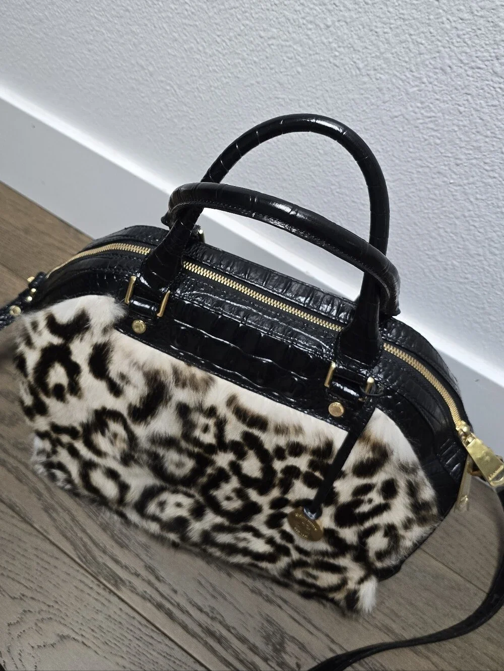🆕️ Brahmin Hudson Leather Top Handle Satchel in Creme Muse Leopard Rabbit Fur